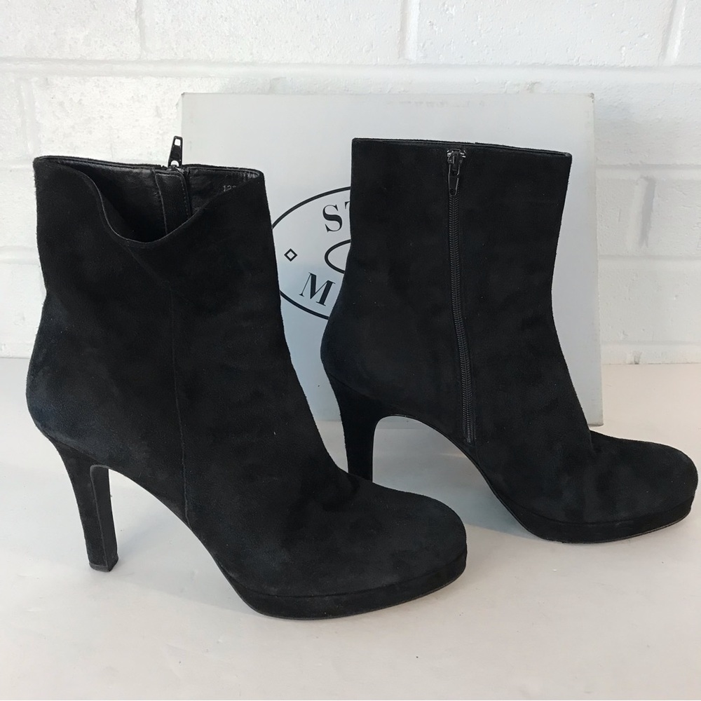 Steve Madden Black Leather Suede Stiletto 3.5” Heel Ankle Booties Side Zip 9M